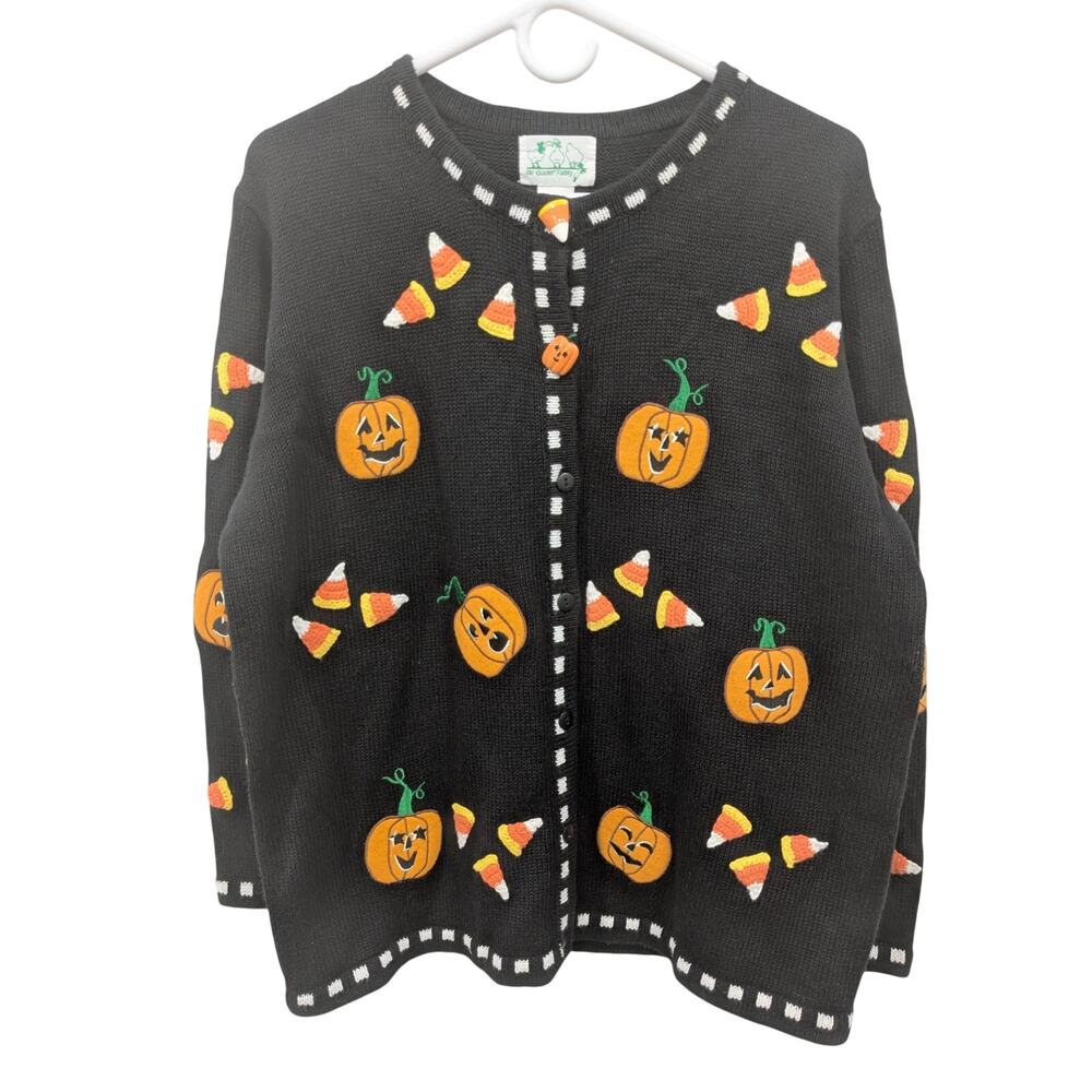 Vintage Quacker Factory Hallloween Sweater Cardigan Pumpkin Candy Corn Large